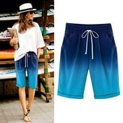 Njoeus Floral Bermuda Shorts for Women, Women's Casual Elastic Waist Shorts Knee Length Summer Beach Linen Short Pants Pockets and Drawstring